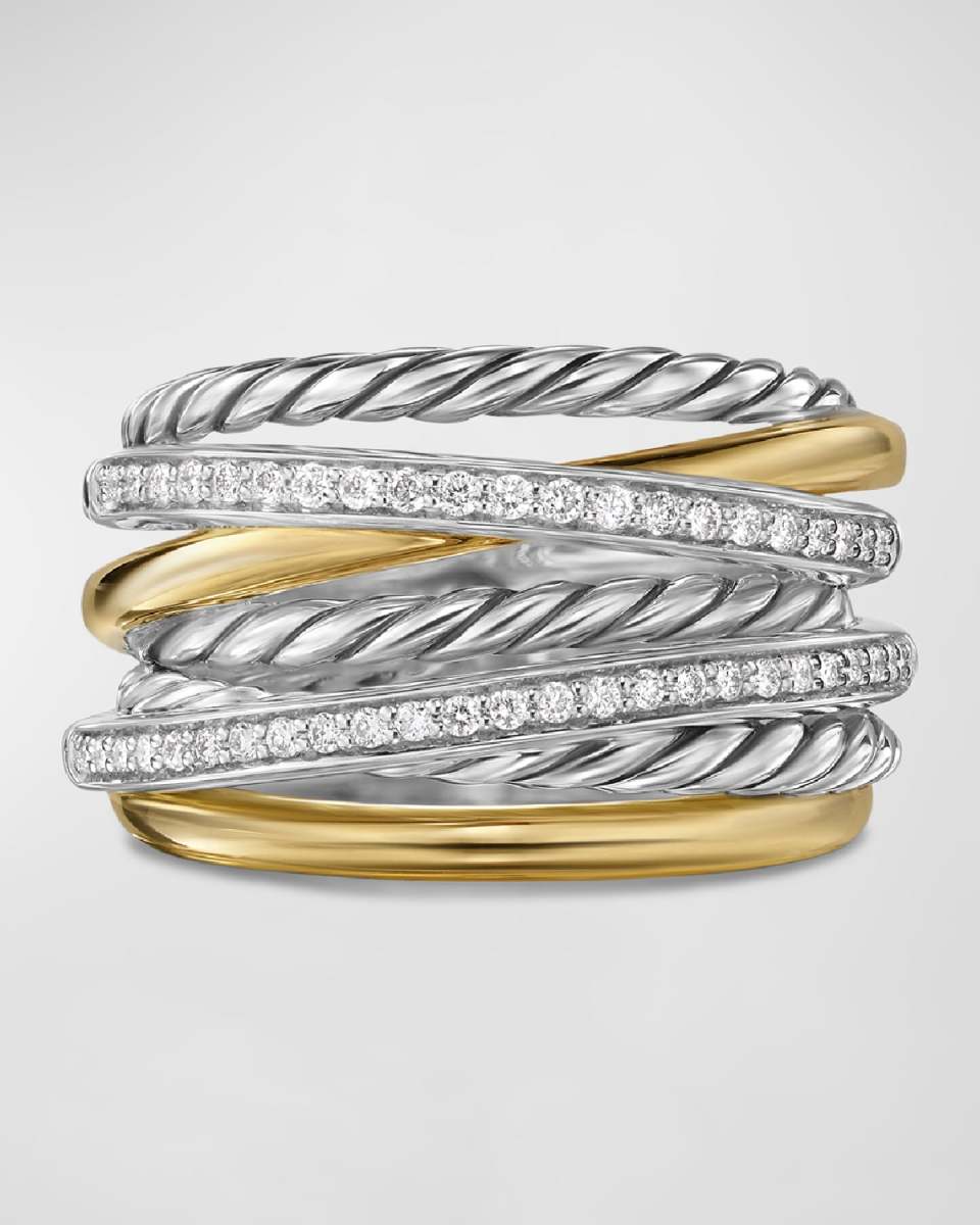 Crossover 7 Row Ring with Diamonds in Silver and 18K Gold, 16mm